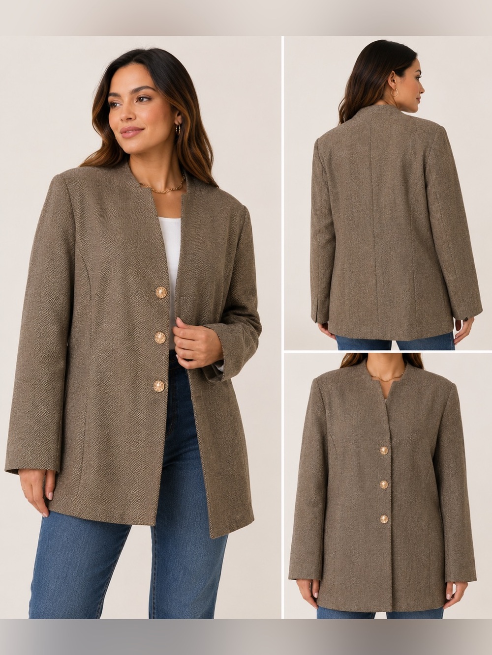 FME Brown Herringbone Longline Blazer Gold Buttons XL NWOT